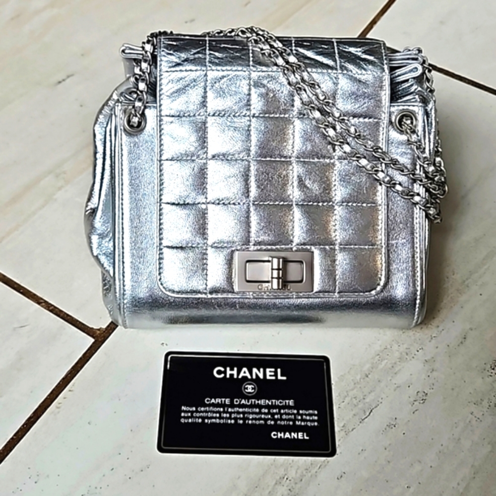 CHANEL Metallic Silver Mini Bag Chain Strap Turnlock w/Card